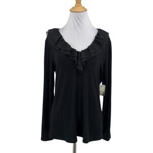 AVA James Top Women M Medium Black Mesh Collar V Neck Ruffled Long Sleeve Blouse